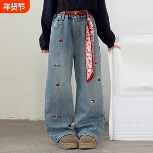 女童加绒牛仔裤秋冬季童装加厚绒儿童刺绣直筒裤阔腿时尚潮酷潮流