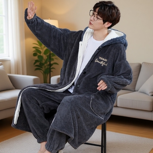 珊瑚绒睡衣睡袍男士 300斤法兰绒男浴袍冬 秋冬加厚加绒加肥特大码