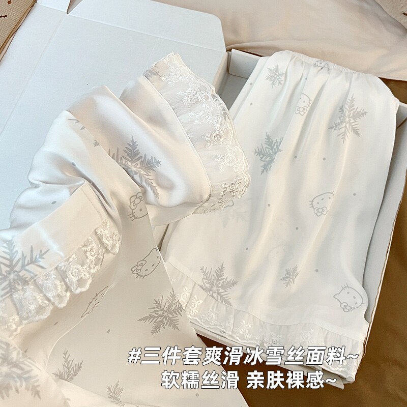 雪花冰丝睡衣女2026新款春夏季三件套蕾丝花边高级感家居服可外穿