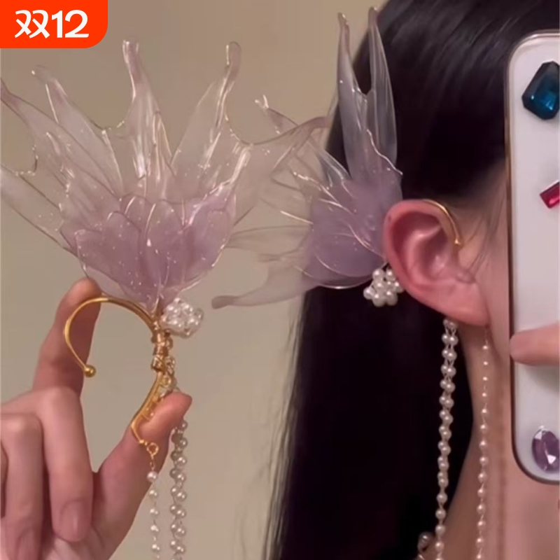 zoozmomo紫色人鱼珍珠流苏耳挂耳环女小众耳饰国风汉服配饰蝴蝶