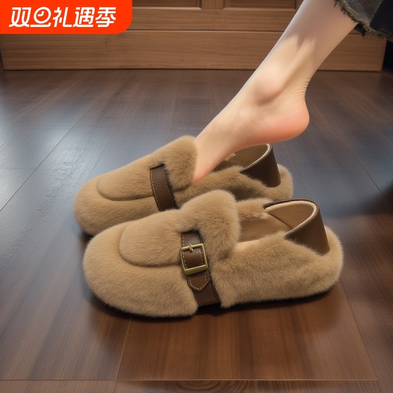 小香风水貂绒毛毛鞋女冬季外穿欧货加绒雪地靴软底一脚蹬豆豆棉鞋