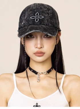 暗黑辣十字花牛仔棒球帽辣妹遮阳弯檐帽鸭舌帽女新款秋季水洗蓝色