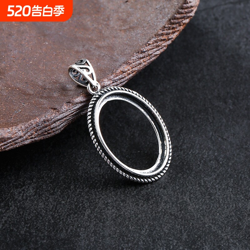 S925银吊坠空托复古花纹diy手工吊坠托镶嵌蜜蜡泰银托项坠配饰