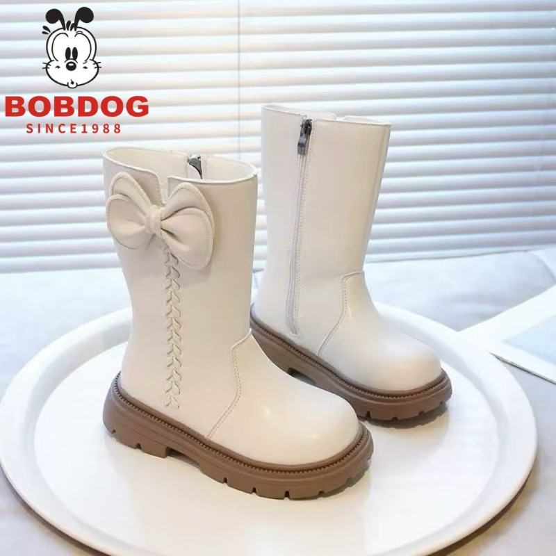 巴布豆女童长靴2025新款秋季儿童皮靴公主风小女孩大童靴白色加绒