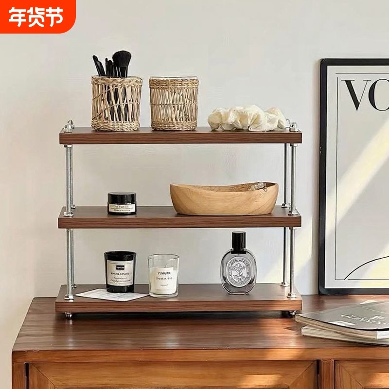 中古风实木桌面置物架杯架收纳架阳台花架置物架子多层移动多功能
