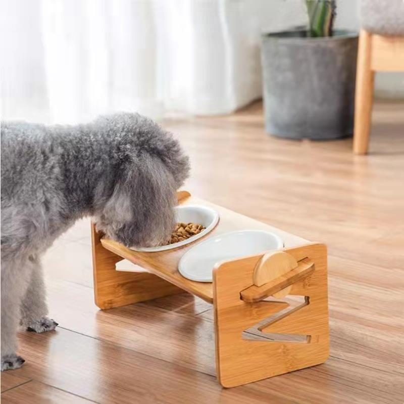 竹木猫食架陶瓷碗双碗猫粮零食碗狗碗宠物喂食器竹木碗架零食碗
