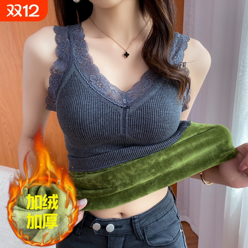 保暖加厚加绒背心秋冬带胸垫蕾丝V领内搭吊带打底衫女上衣潮美背
