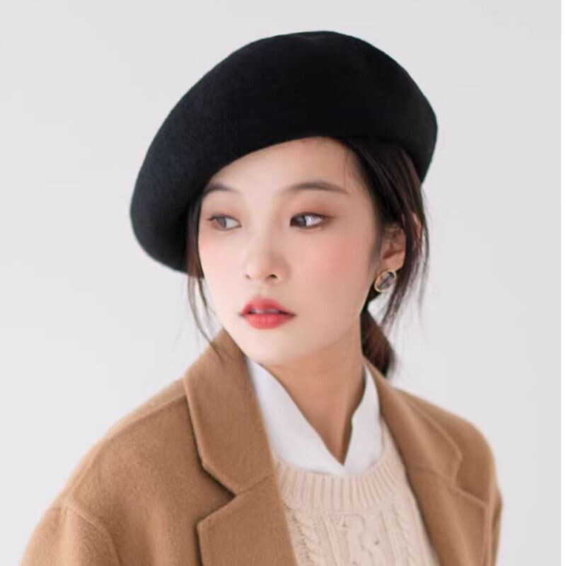 疯帽子贝雷帽女羊毛呢蓓蕾秋冬韩版日系画家帽黑色英伦复古大头围
