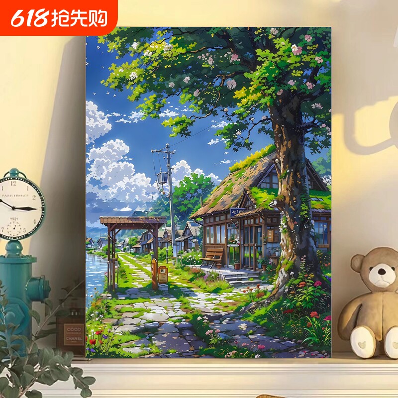 宫崎骏风景数字油画diy手绘填色治愈ins客厅丙烯装饰画肌理绘画