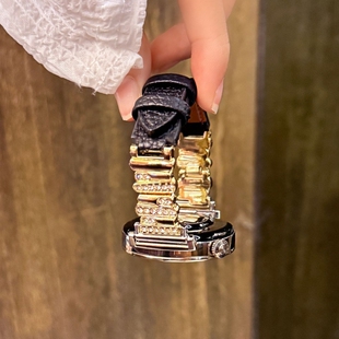 适用华为手表gt6表带gt5pro爆款不规则镶钻金属拼皮watch5针扣调节秋冬4智能gt3运动2配件huawei黑色棕色女表