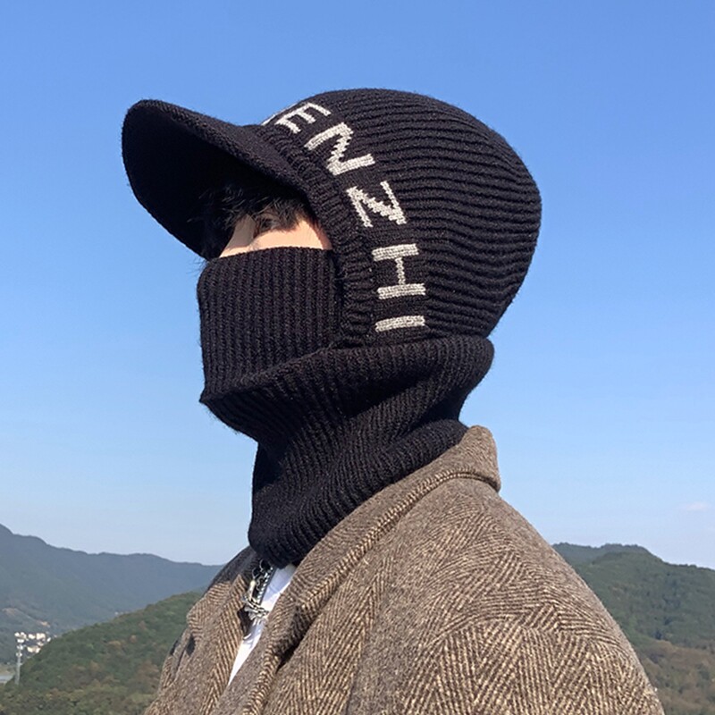保暖毛线针织鸭舌帽子男士冬季加绒围脖加厚护耳帽帽檐黑色防风