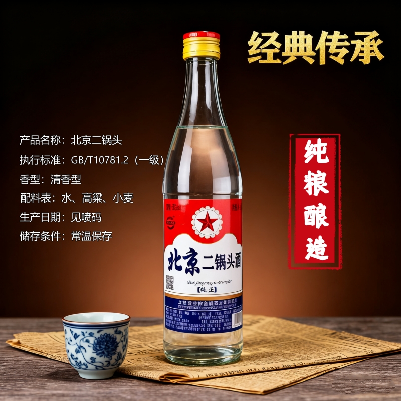 北京二锅头酒56度纯粮食酒官方正品口粮酒特价百年清香型500ml瓶