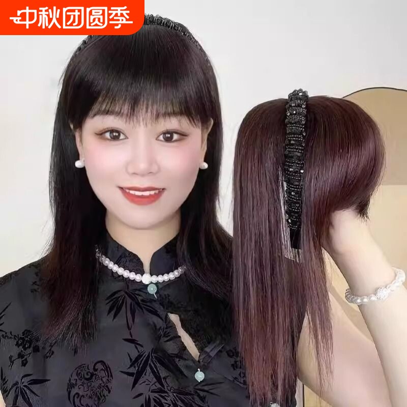 发箍刘海假发一体式补发直发片遮白发自然前额头顶齐刘海遮盖轻薄										