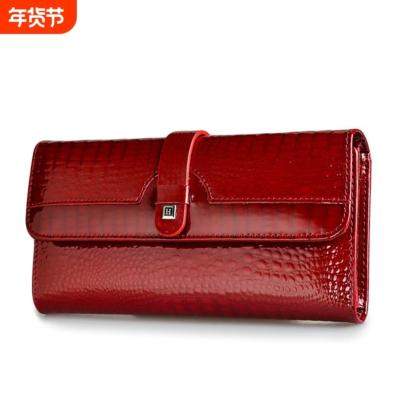 女士真皮钱包按扣漆皮鳄鱼纹多卡位钱夹手机包手拿包零钱包欧美