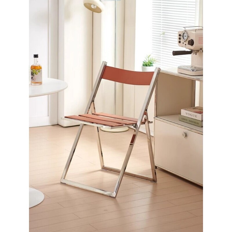 bins北欧家用餐椅现代简约不锈钢折叠靠背椅高级感轻奢马鞍革椅子