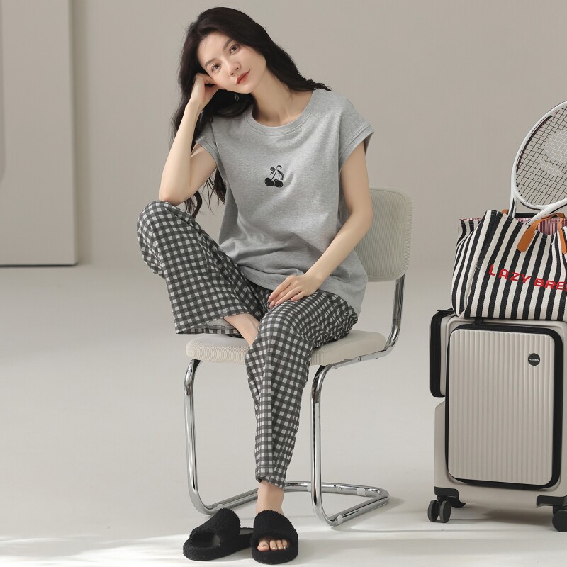 夏季睡衣女款纯棉短袖长裤可外穿高中学生家居服可爱卡通100全棉