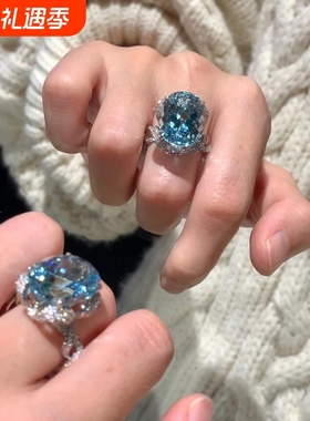 轻奢时尚款蓝宝石水滴鸽子蛋戒指女超绝个性轻奢开口食指戒气质潮