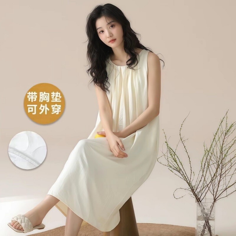 带胸垫背心无袖睡裙女士夏季云朵棉可外穿睡衣简约纯色ins家居服