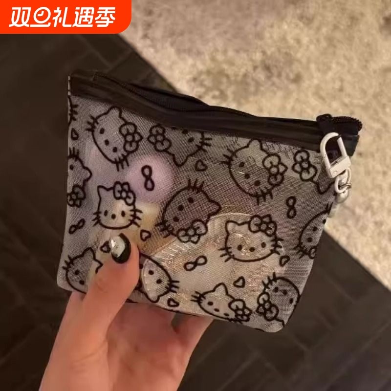 透明网纱kitty补妆包便携外出化妆包收纳旅行实用零钱包耳机包