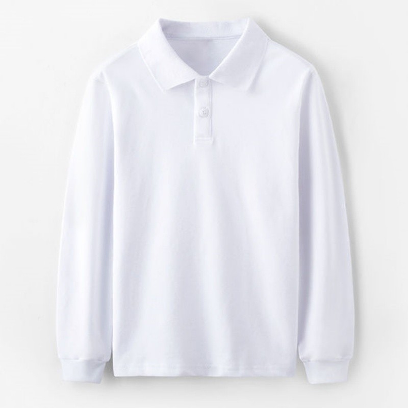 男女儿童校服纯棉长袖白色POLO衫翻领春秋季中小学生纯白班服T恤