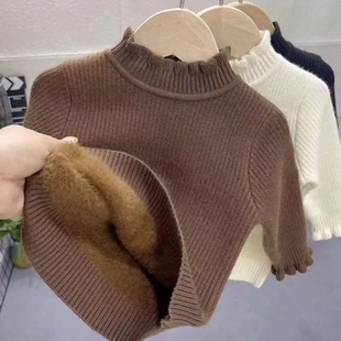 宝宝绒儿童打底衫针织衫女童保暖花边领衣加绒半高领黑色灰色粉色