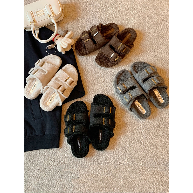 葡萄妈studiolee 懒人双扣带外穿百搭厚底毛毛勃肯拖鞋女秋冬外穿