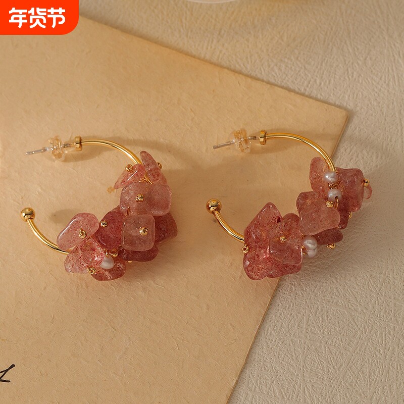【SU039】新款手工编织缠绕粉色天然草莓晶淡水珍珠耳环925银