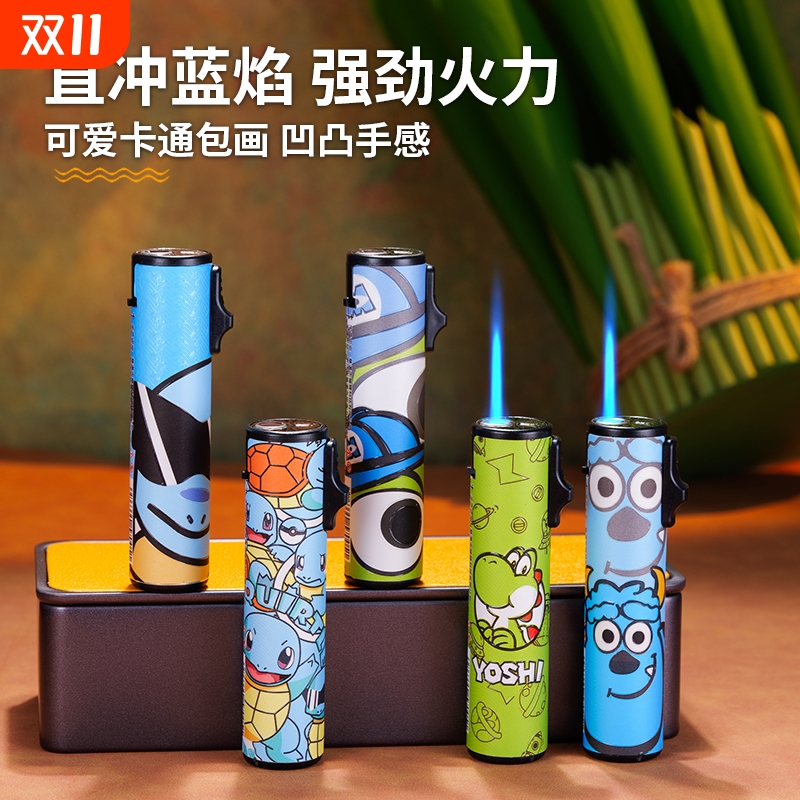 金属圆柱防风防爆耐用可充气一次性打火机可爱卡通包画商超批发
