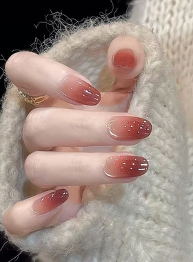 欲滴晶莹剔透的红石榴穿戴甲猫眼美甲假指甲片中长款红色法式椭圆