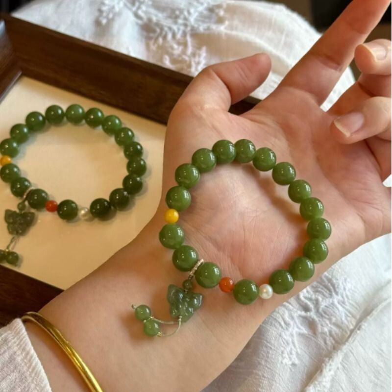 天然和田玉手串0mm搭配天然南红玛瑙蜜蜡淡水珍珠和田玉蝴蝶吊坠