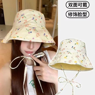 日系可爱甜美碎花双面渔夫帽女夏季大帽檐防晒遮阳帽子显脸小盆帽
