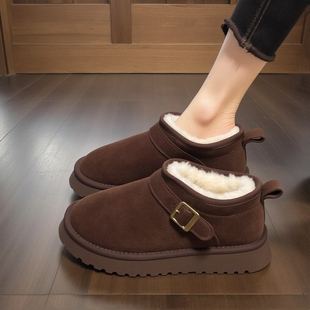 厚底勃肯鞋皮毛一体雪地靴女2025新款冬季加绒保暖短筒东北大棉鞋