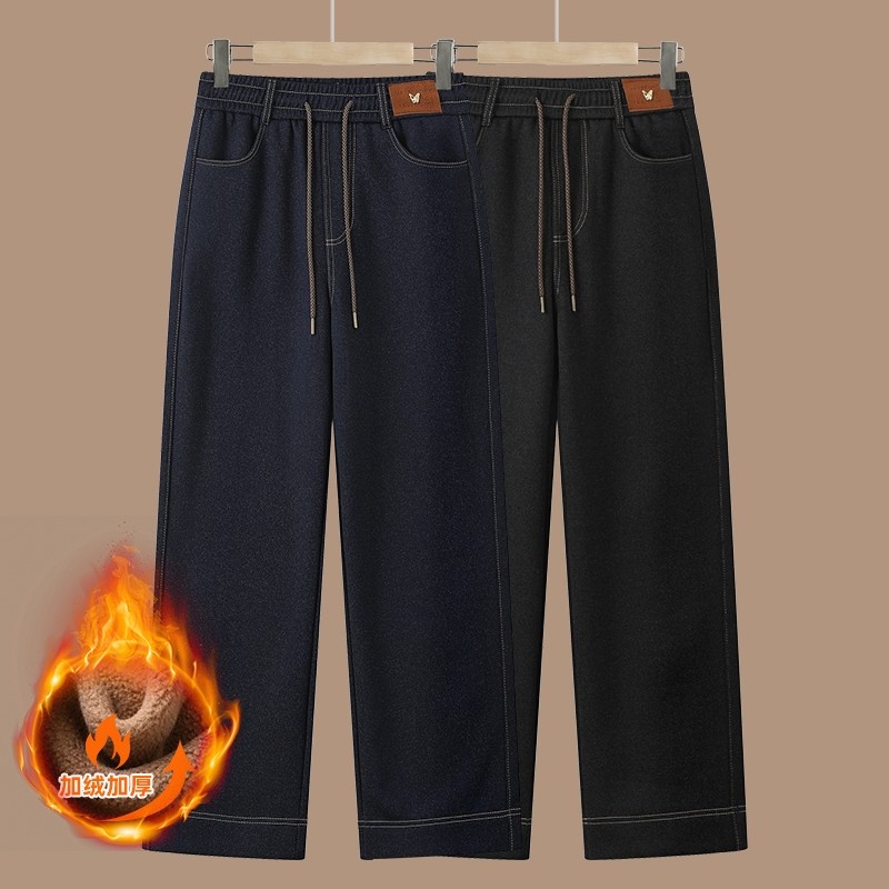 中年妈妈冬装加绒牛仔裤中老年女装松紧腰直筒裤子2025新款休闲裤