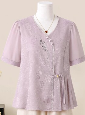 妈妈夏装小衫套装V领刺绣上衣女