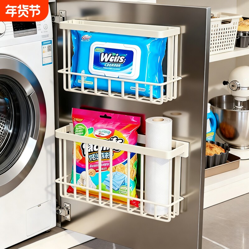 厨房橱柜门内侧置物架保鲜膜套收纳盒家用免打孔镂空收纳筐冰箱