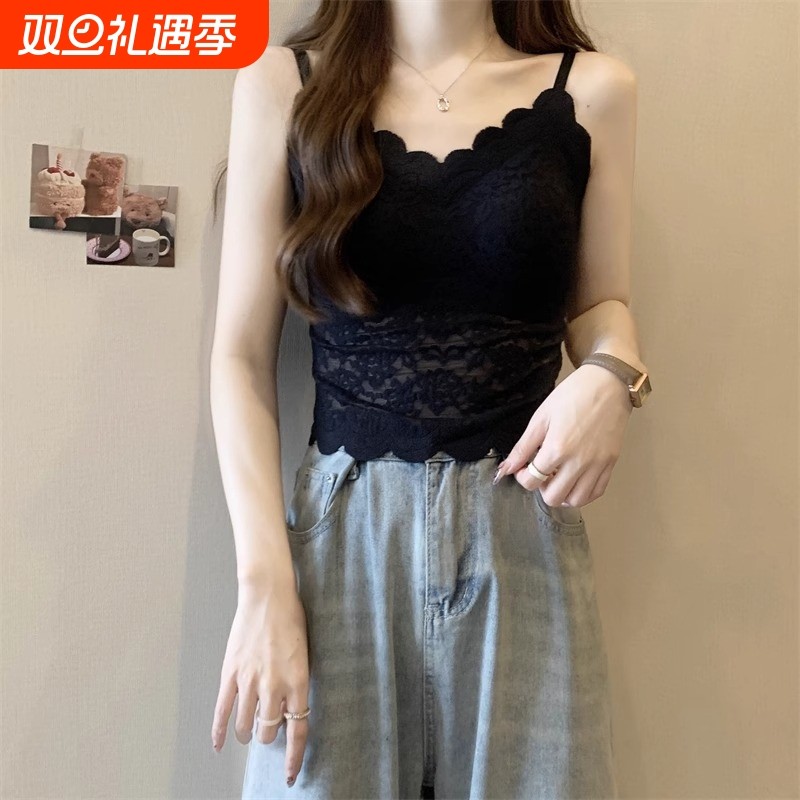 夏季法式蕾丝吊带美背背心女外穿打底大码带胸垫文胸一体内搭上衣