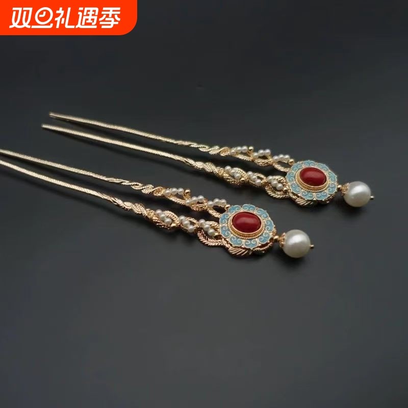 新中式复古唐风绞丝发钗仿掐丝烧蓝汉服u簪子简约百搭发饰轻奢女