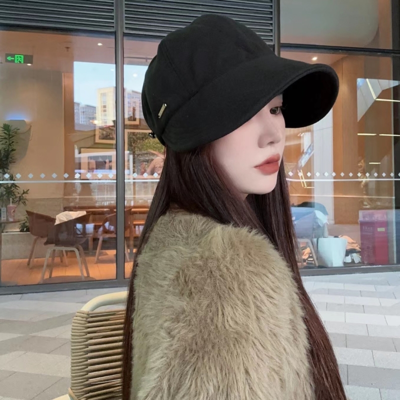 遮脸鸭舌帽子女秋冬渔夫帽明星同款休闲毛呢帽帽檐薄款黑色韩系