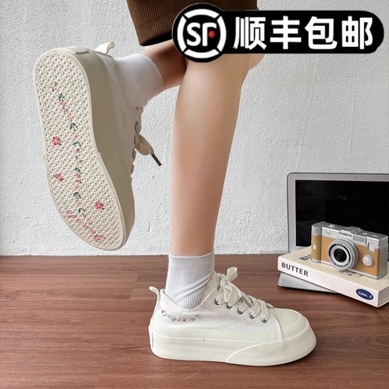 夏季薄款女款厚底帆布鞋透气2025新款刺绣百搭小白鞋休闲鞋