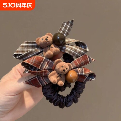 格纹蝴蝶结植绒小熊发圈韩系可爱百搭扎马尾头绳发饰秋冬新款发绳