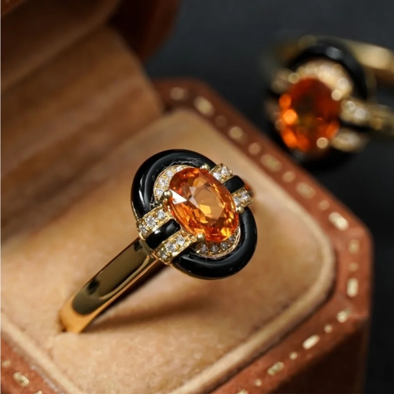 vintage独特芬达石滴油黑珐琅彩搭配复古中古风橘色戒指指环开口