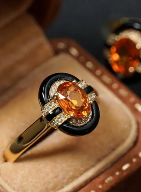 vintage独特芬达石滴油黑珐琅彩搭配复古中古风橘色戒指指环开口