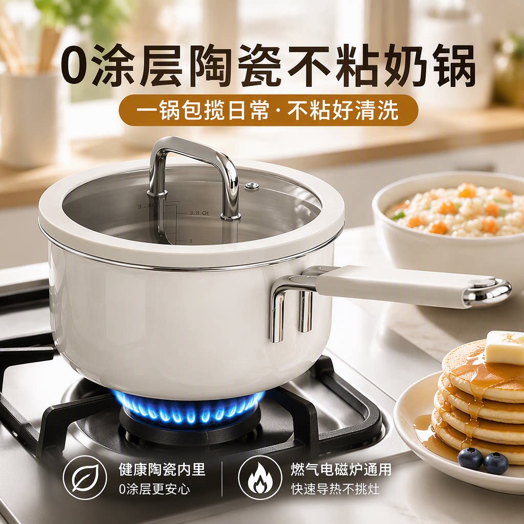 无涂层奶锅小奶锅不锈钢陶瓷宝宝辅食锅婴儿一体汤锅煮面不粘燃气