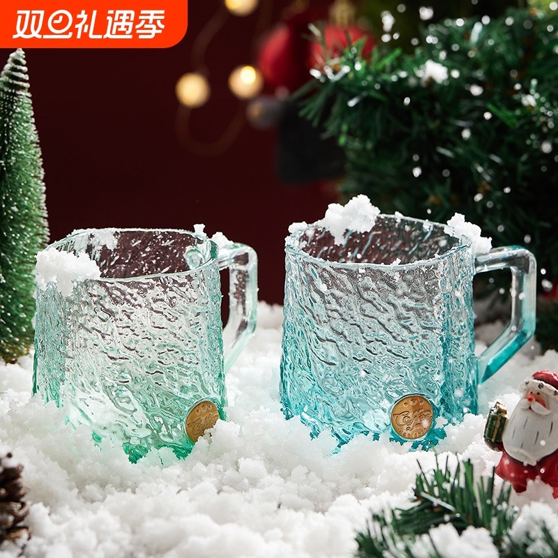 玄冰玻璃水杯女高颜值家用透明杯子带把牛奶咖啡杯办公杯圣诞新款