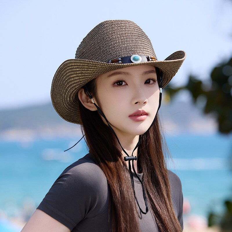 新款大帽檐藏族草帽子女夏季海边沙滩度假遮阳西部牛仔帽可折叠
