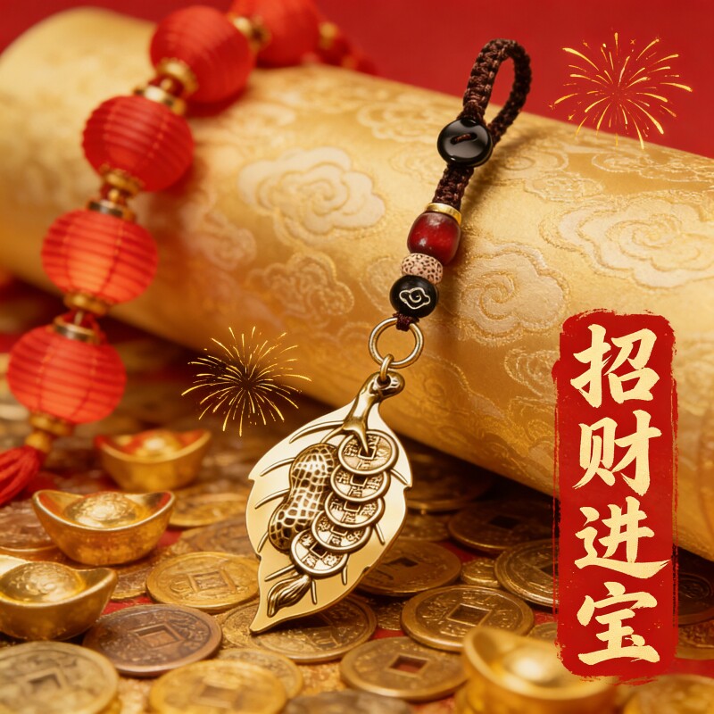 【一夜生财】真黄铜一叶生财钥匙扣挂件 越磨越亮