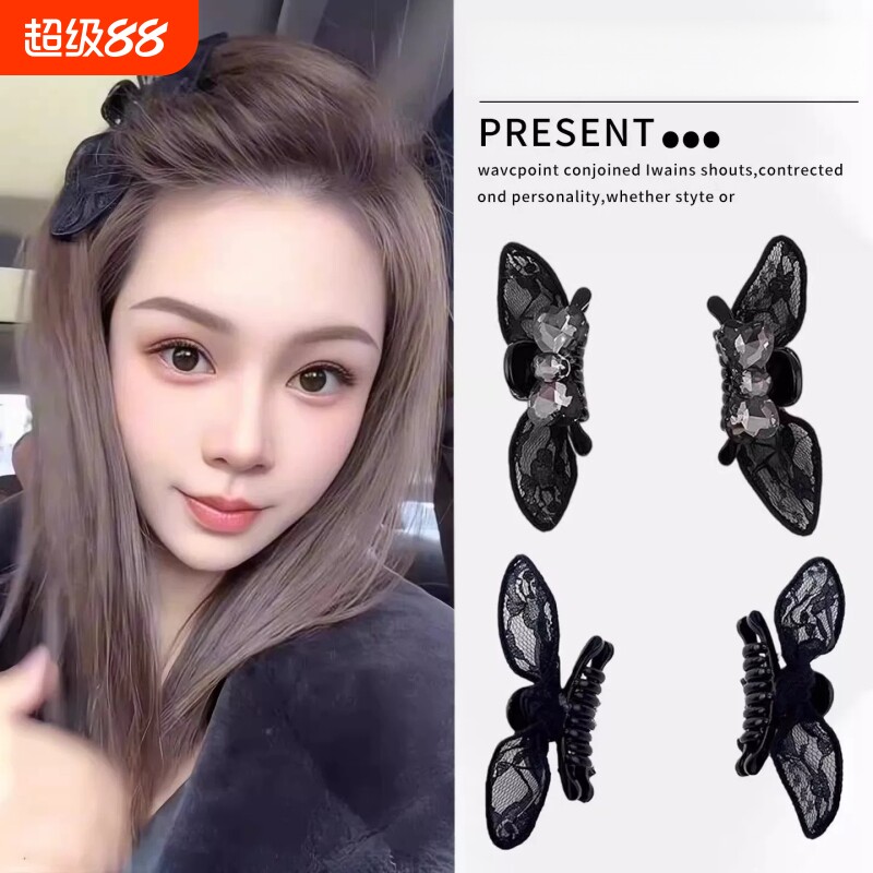 黑色蕾丝蝴蝶结刘海小抓夹女图片