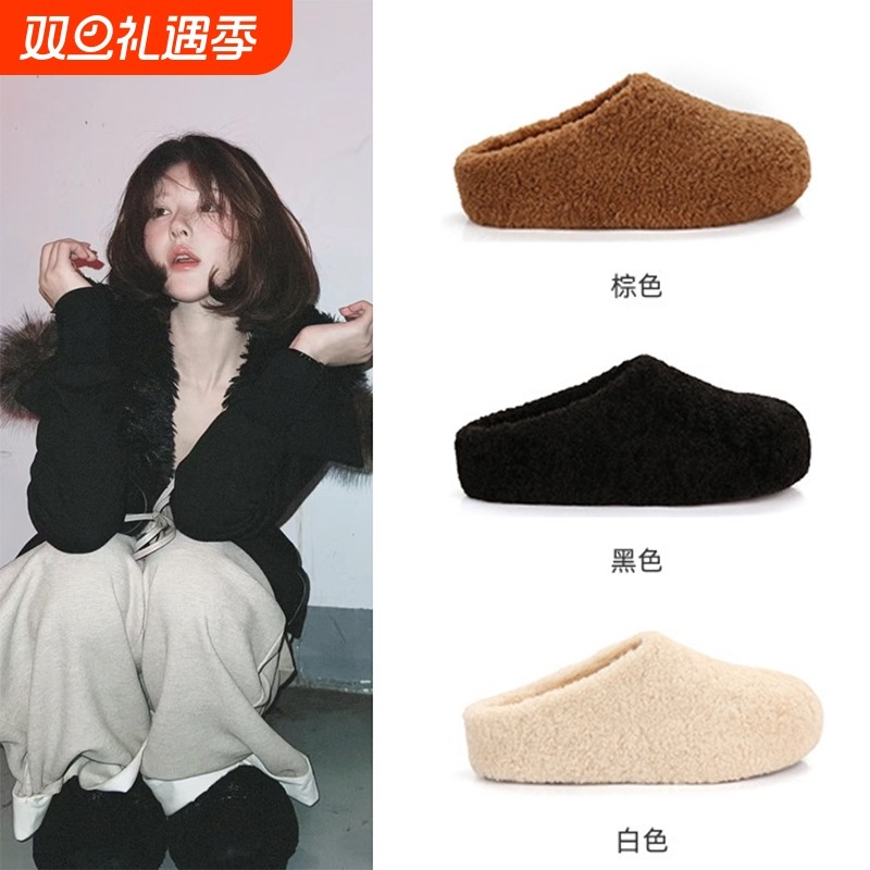 赵露思同款羊羔毛包头半拖鞋时尚外穿秋冬厚底一脚蹬毛毛鞋勃肯鞋