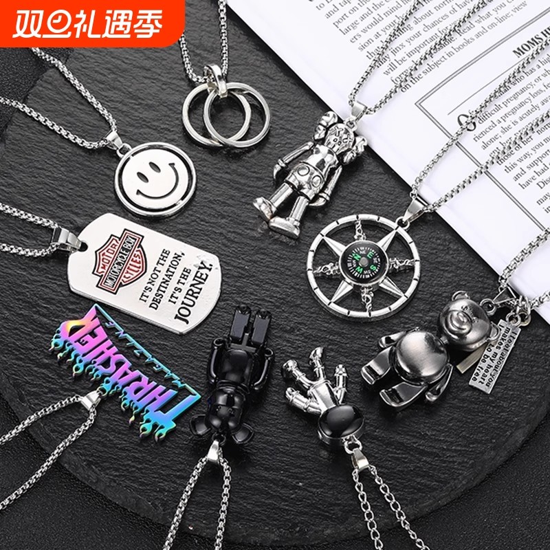 欧美轻奢可旋转笑脸钛钢项链男女个性百搭男潮笑脸吊坠毛衣链项链