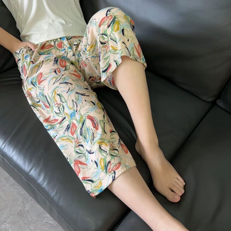 女夏睡裤棉绸七分裤超薄款人造棉宽松大码绵绸中裤情侣居家可外穿